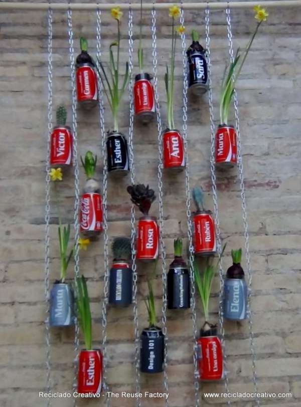 Jardin vertical avec des canettes de soda
