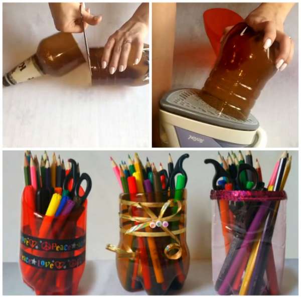 Des bouteilles transformées en porte-crayons