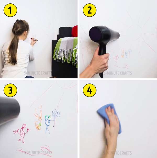 Utilisez l'air chaud du sèche-cheveux pour enlever les dessins sur le mur