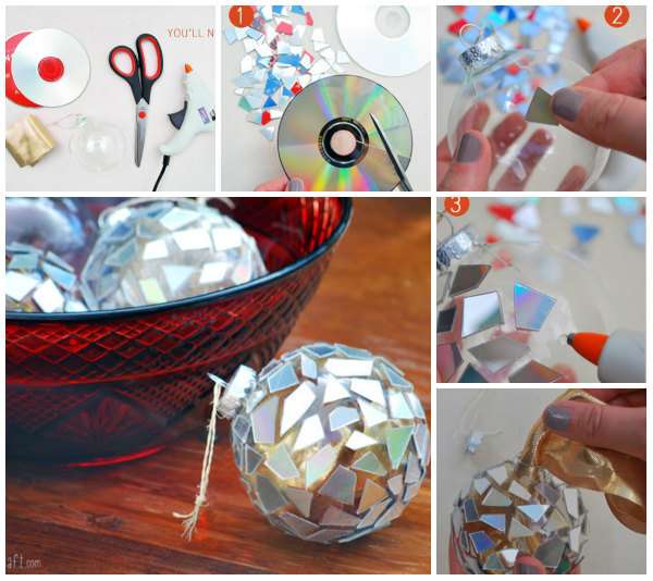 Des boules de Noël décorées avec de vieux CDs