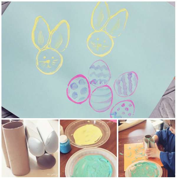 Peinture avec des tampons en forme de lapin et oeufs de Pâques