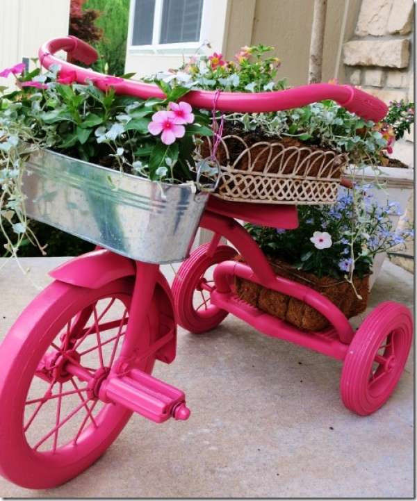 Un vieux tricycle peint en rose fuchsia