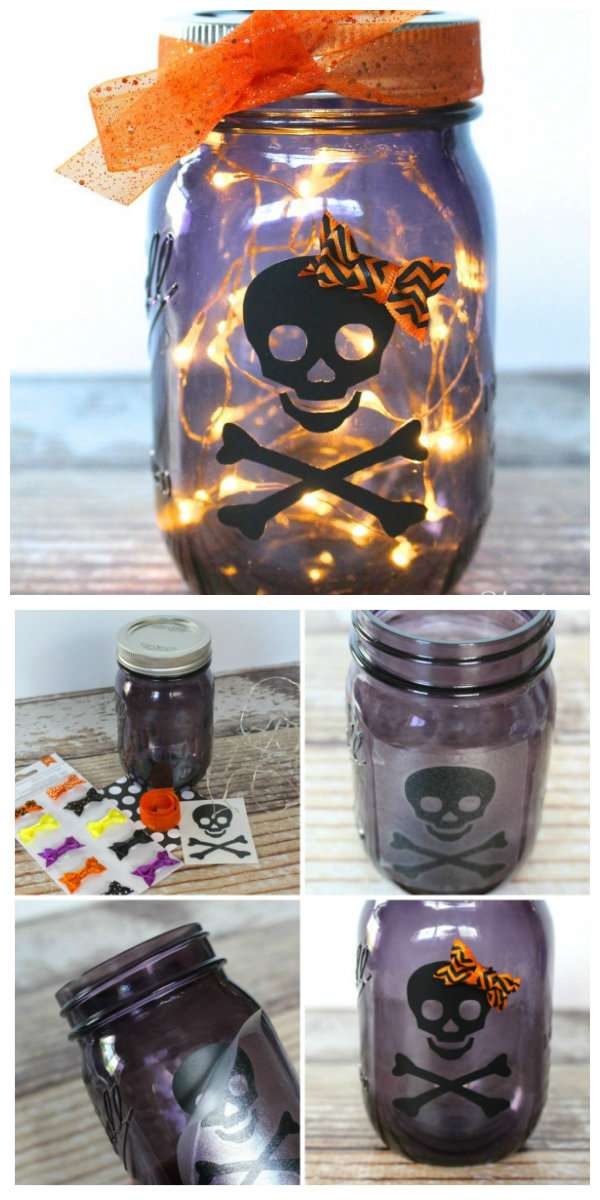 Des pots lumineux sympas avec des stickers tête de mort pour une décoration d'Halloween effrayante