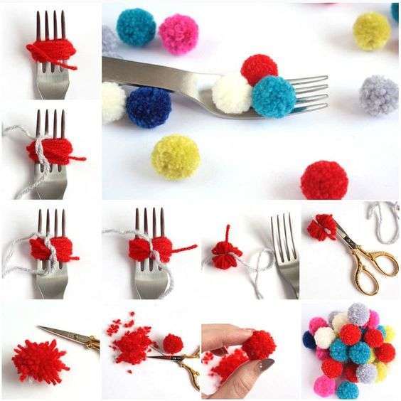 Pompons faciles à faire avec une fourchette