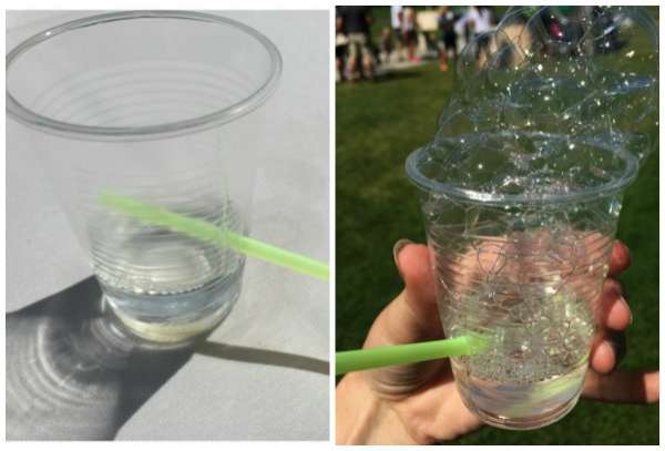 Faire des bulles avec du savon liquide un gobelet en plastique et une paille