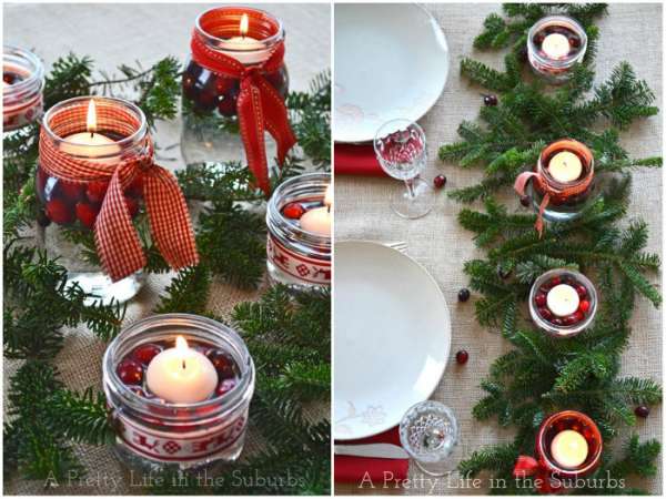 Centre de table de Noel avec des bocaux et des bougies flottantes