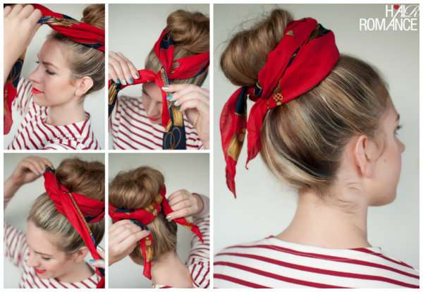 Un chignon avec un foulard pour être joliment coiffée en été sans être dérangée par ses cheveux longs