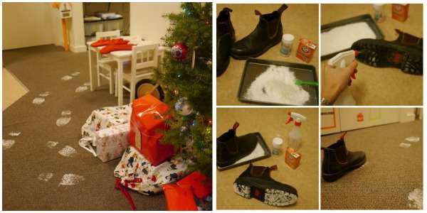 Réalisez les pas du Père Noël avec du bicarbonate de soude et des paillettes