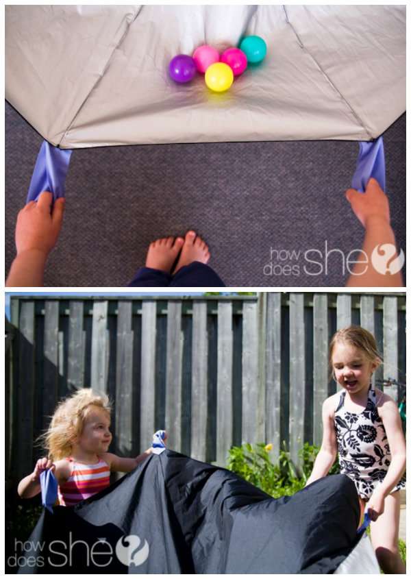 Parapluie cassé transformé en jeu de parachute pour les enfants