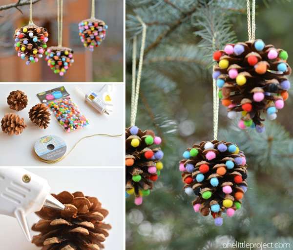 Décorations d'arbre de Noël avec des pommes de pin et des pompons