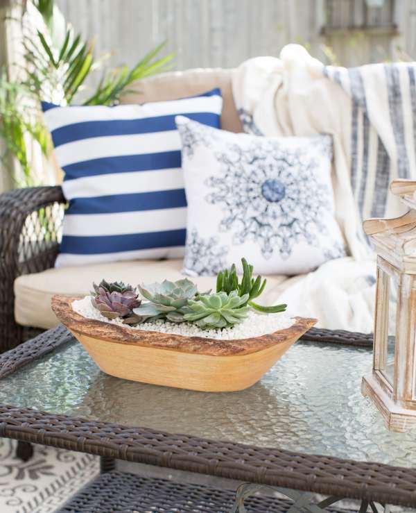 Un plat en bois en forme de bateau pour succulentes