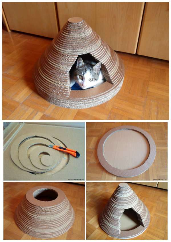 Lit pyramide pour chat avec du carton ondulé