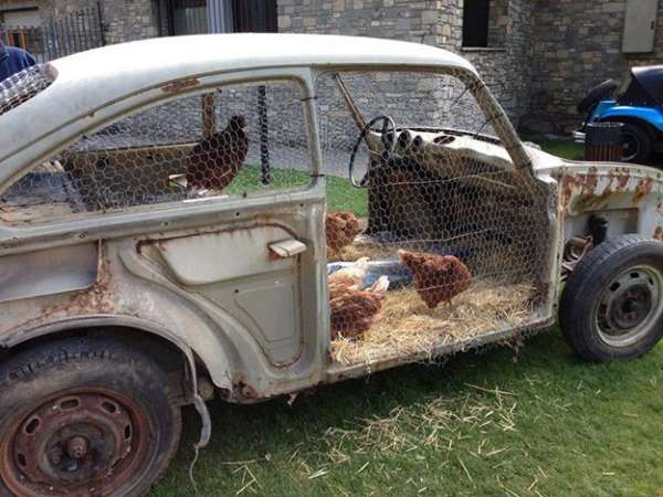 Poulailler avec une vieille voiture