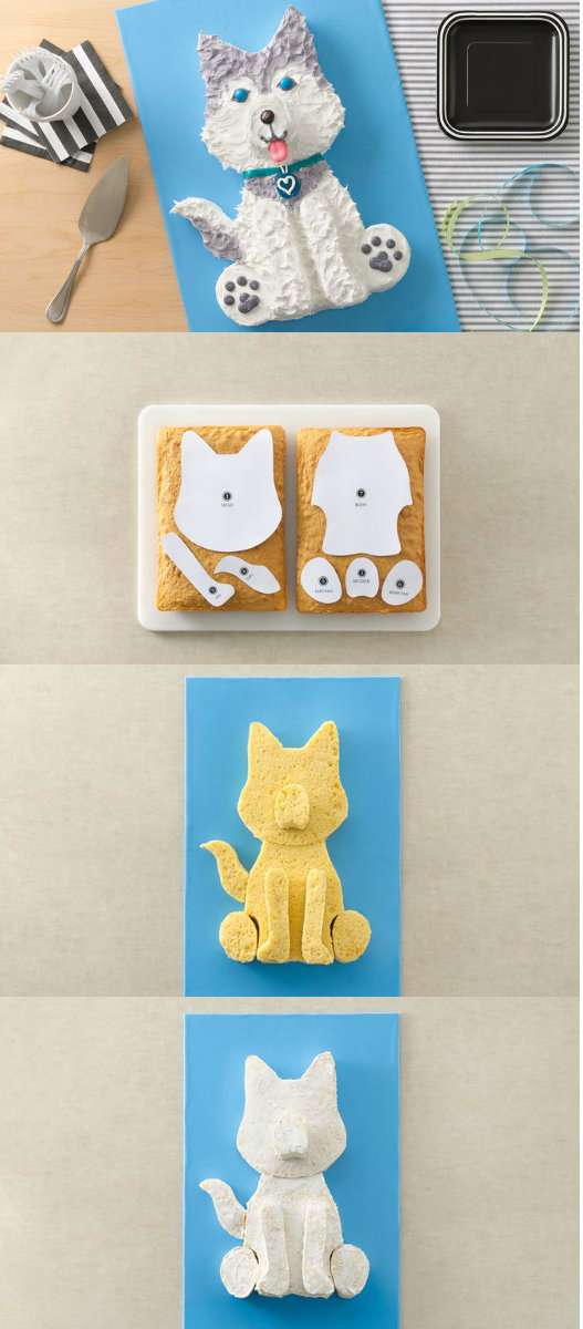 Gâteau chien Husky avec deux gâteaux rectangulaires