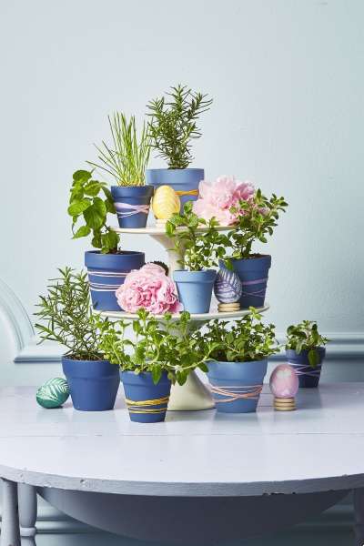 Centre de table à plusieurs niveaux avec des pots de fleurs