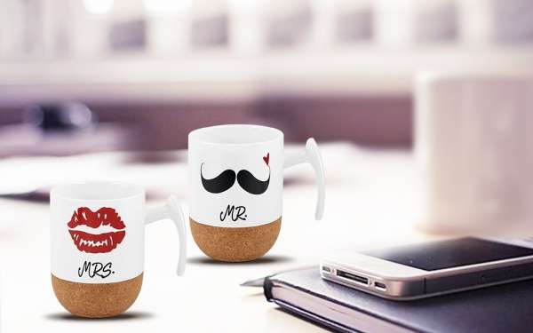 Mugs Monsieur et Madame avec une base en liège