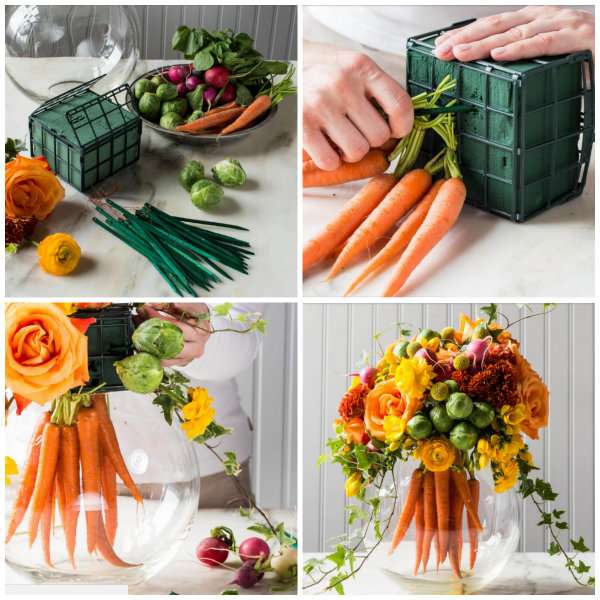 Centre de table bouquet de fleurs carottes et choux de Bruxelles dans un bocal en verre