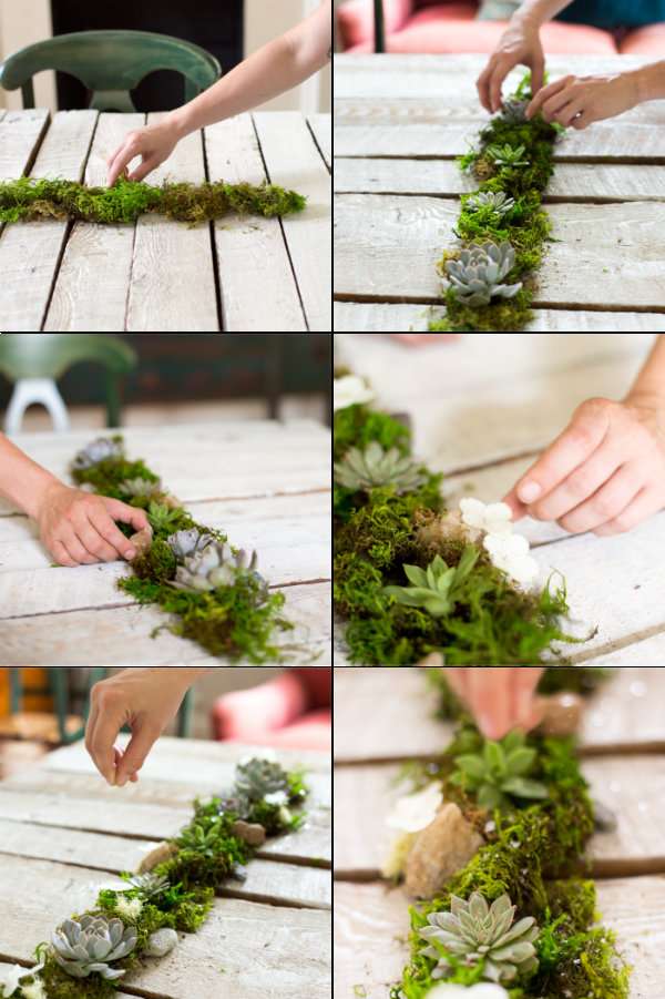 Décoration de table avec de la mousse et des succulentes