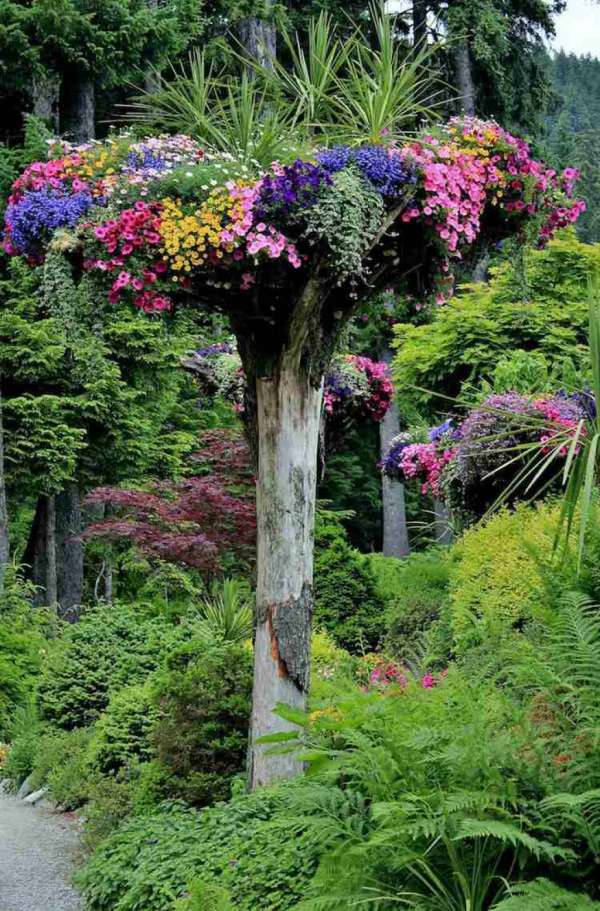 Des fleurs colorées et quelques plantes peuvent redonner du peps à un arbre mort
