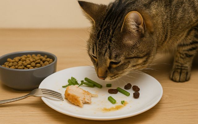 Chat près d'aliments humains interdits