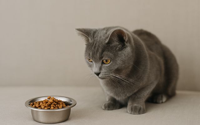 Chat obèse devant une gamelle pleine