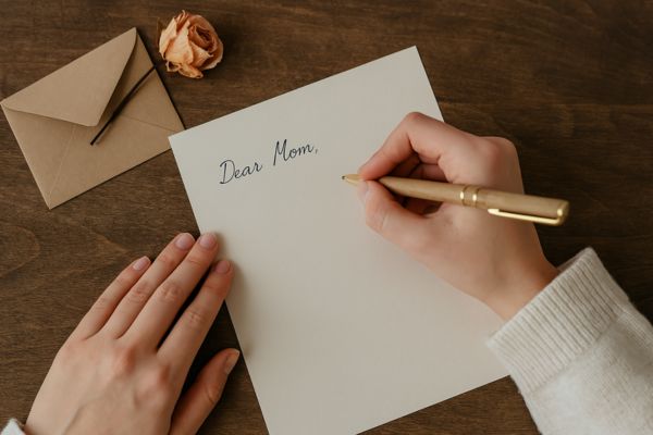Une femme en train d'écrire une lettre à sa mère
