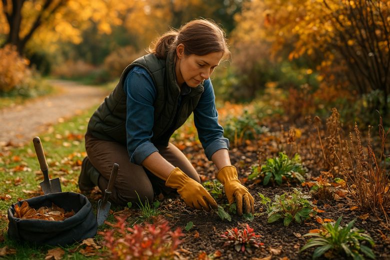 Femme en train de nettoyer les plates-bandes