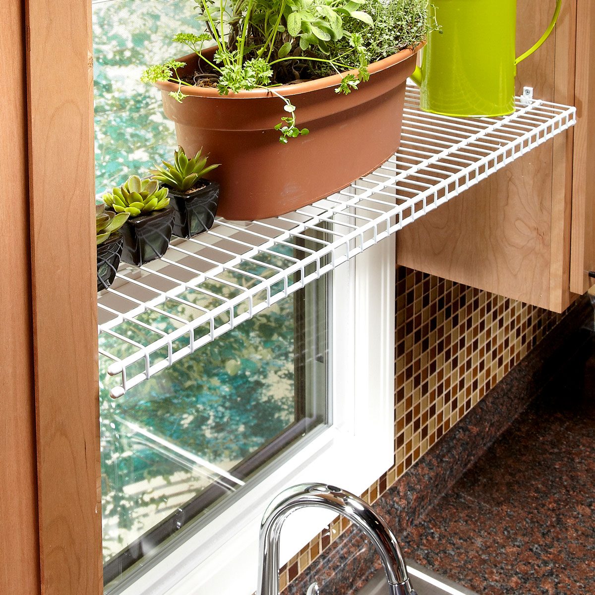 étagère pour plantes au-dessus de la fenêtre de la cuisine