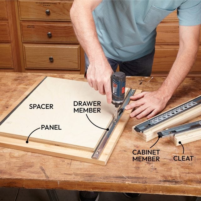 Schéma montrant comment installer un panneau coulissant avec des glissières et des tasseaux pour éviter les charnières.