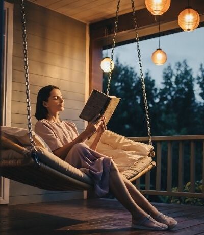 Porche d'entrée : une femme en train de lire son bouquin sur une balancelle