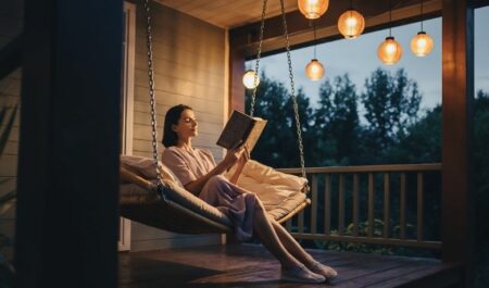 Porche d'entrée : une femme en train de lire son bouquin sur une balancelle