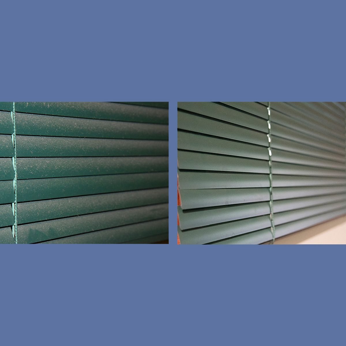 Comparaison entre un store vénitien très sale et le même store parfaitement propre.