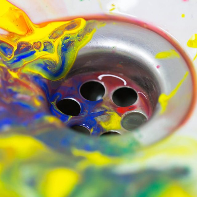 Peinture colorée tourbillonnant autour d'une bonde d'évier.