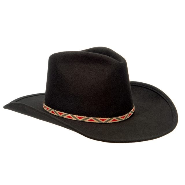 Un chapeau de cowboy noir sur un fond neutre.