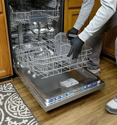 Une personne retire le panier inférieur d'un lave-vaisselle.