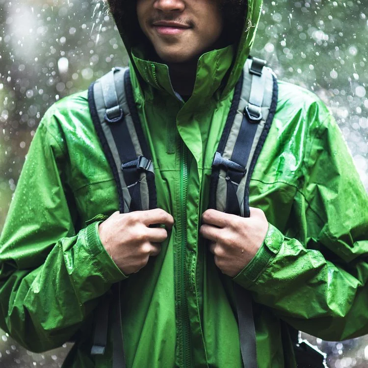Une personne portant une veste imperméable sous la pluie.