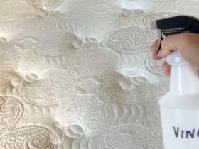 Une main vaporisant une solution de vinaigre sur un matelas.